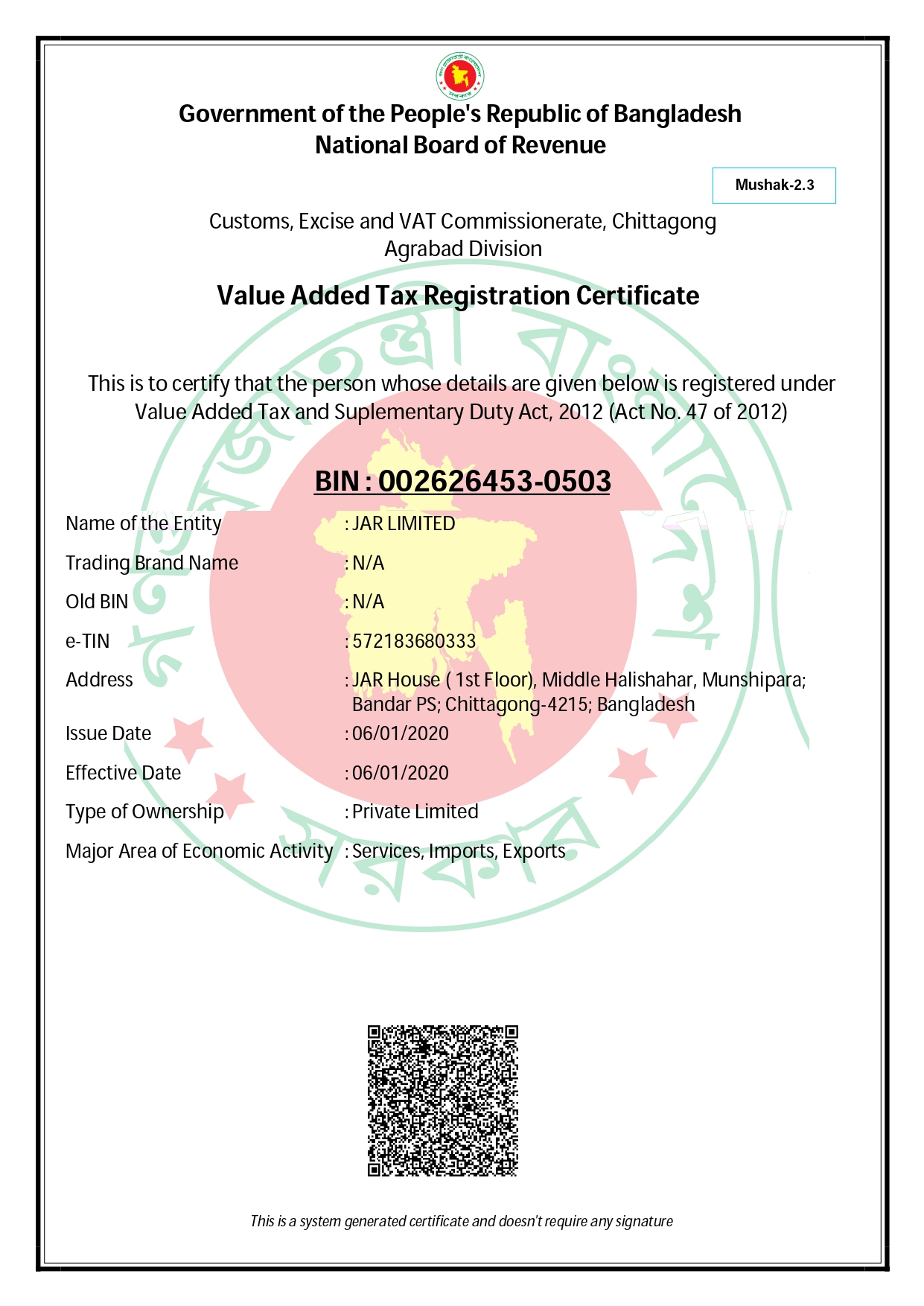 BIN/VAT Registration — JAR LIMITED (preview)