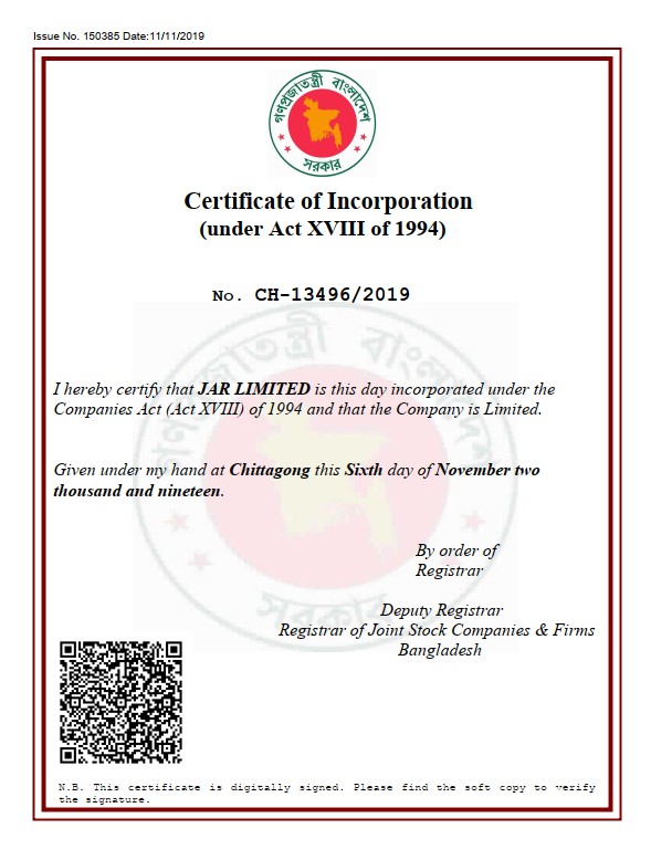 Certificate of Incorporation — JAR LIMITED (preview)