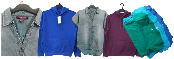 Garments stock lot banner — hoodies, tees, denim
